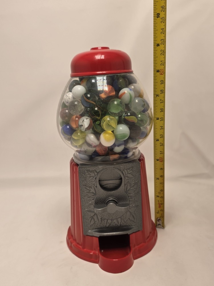 Red Enameled Gumball Machine Filled With Marbles WORKING