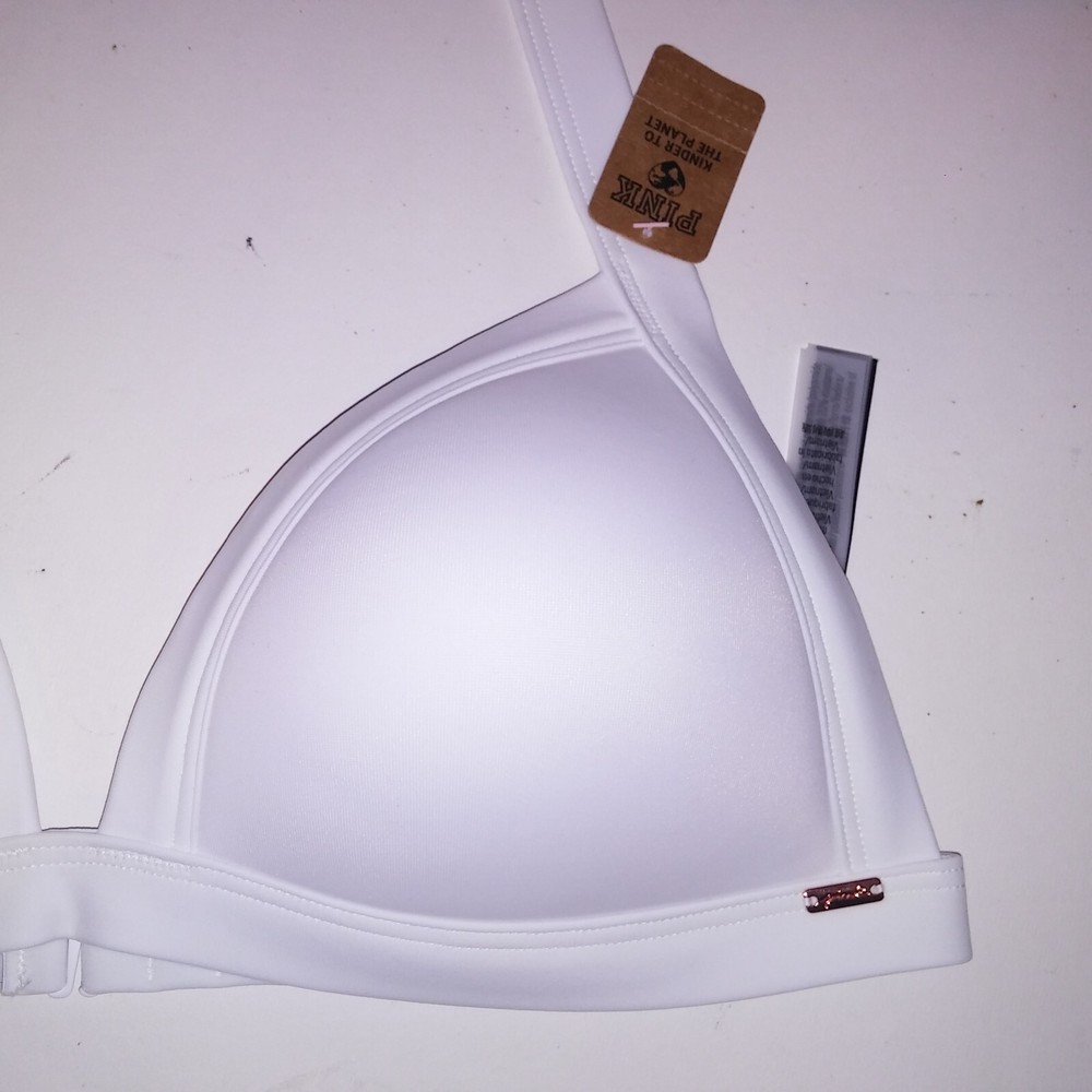 Victoria Secret PINK Swim Bikini Top Medium White Solid Triangle Halter Padded
