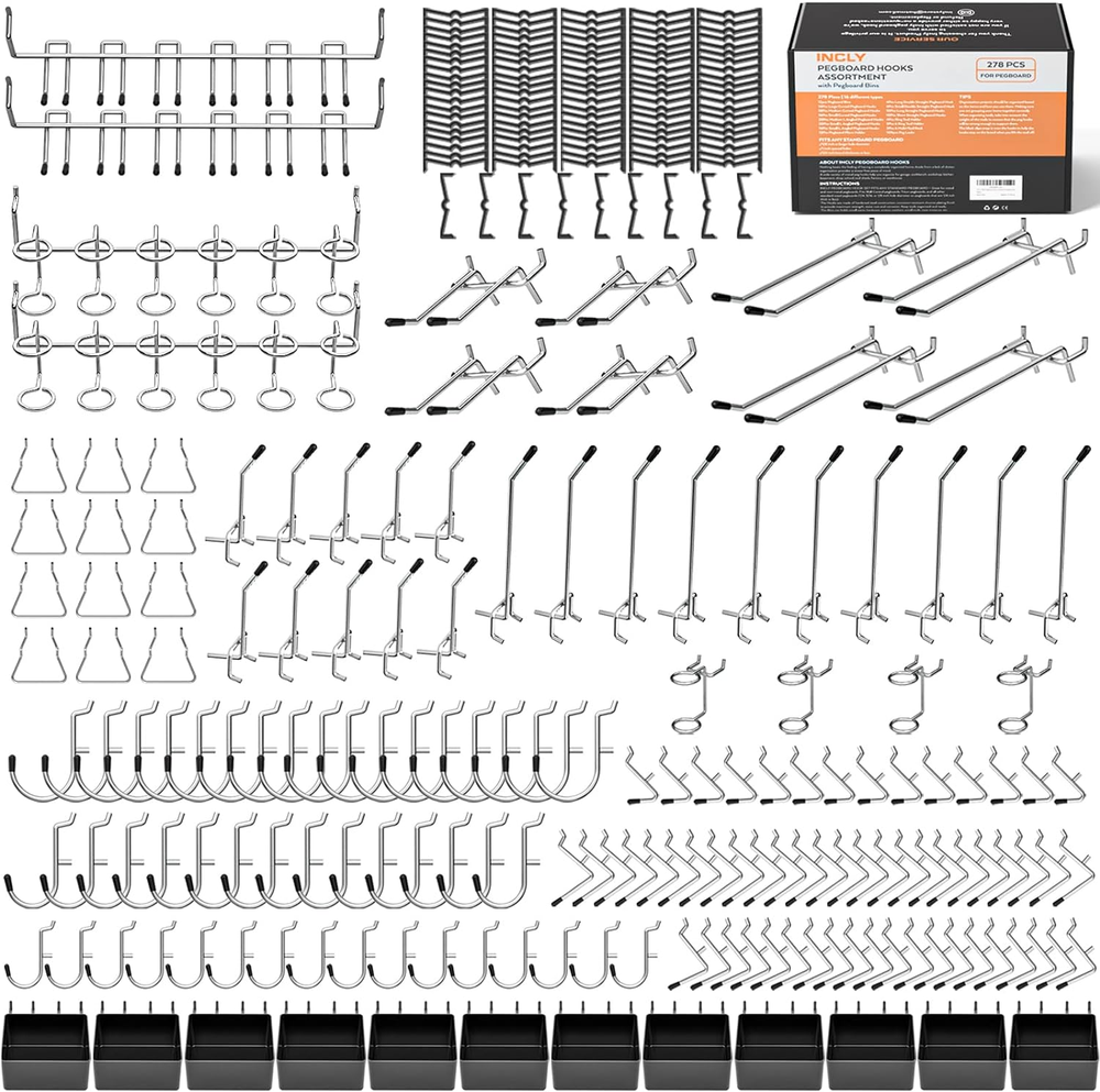278PCS Pegboard Accessories Organizer Kit, Peg Board Hooks Set with Bins for Org