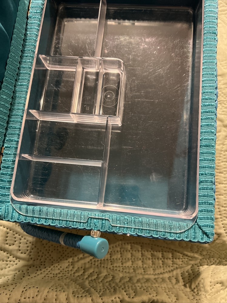 Fabric covered sewing basket with clear plastic tray and handle