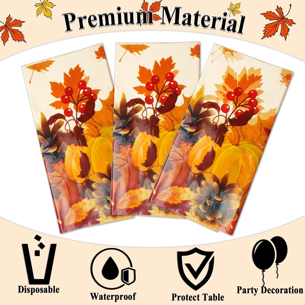 3 Pieces Thanksgiving Fall Disposable Tablecloth Fall Theme Plastic Table Cov...