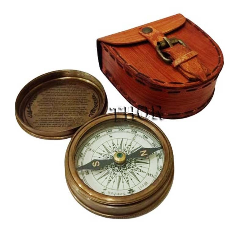 Authentic Vintage Style Brass Pocket Compass with Leather Case Rustic Vintage