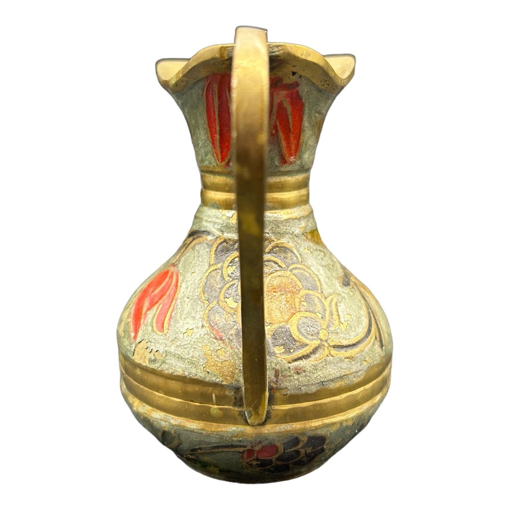 Vintage Solid Brass Enamel Cloisonne Champlevé Indian Jug Vase Pitcher 4"