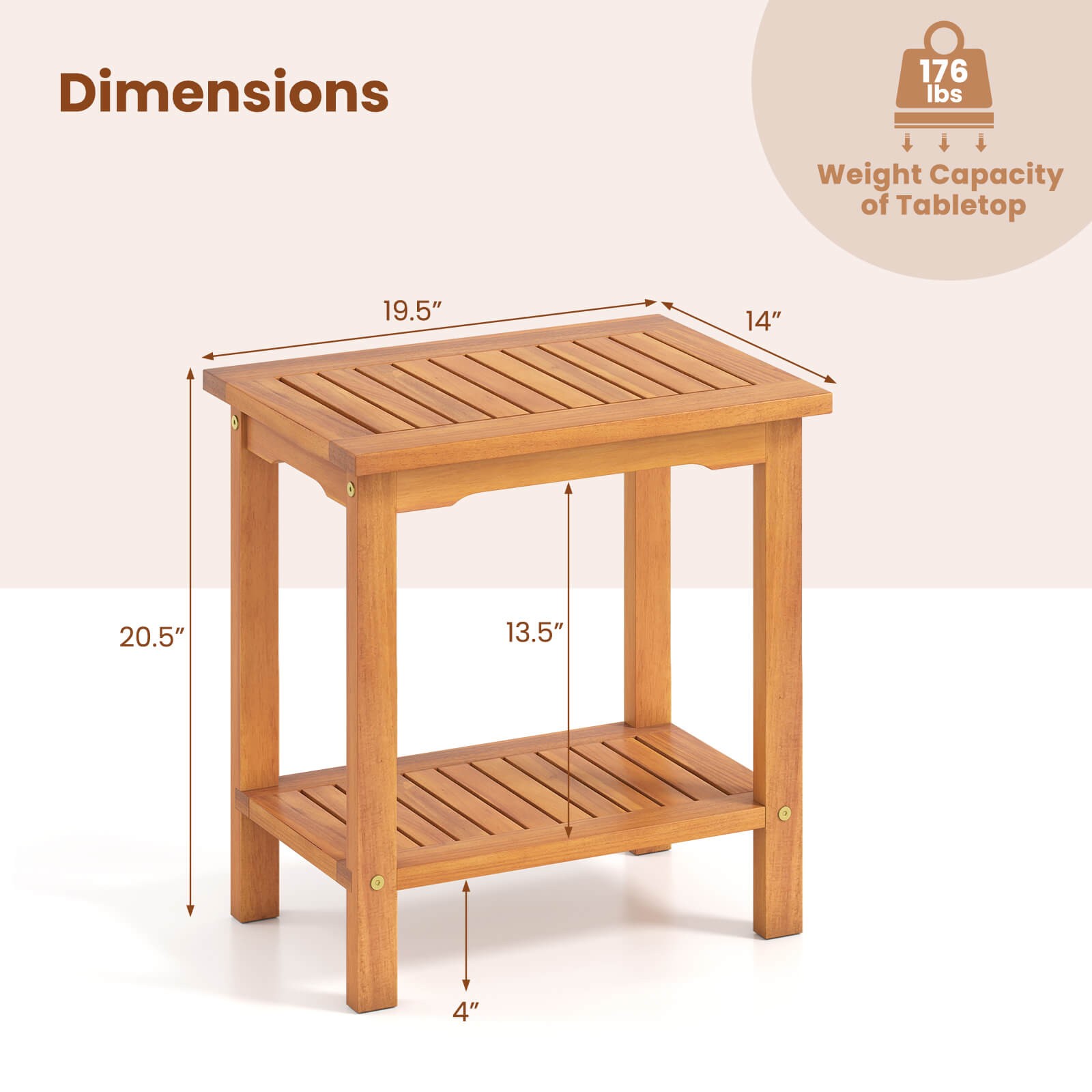 Outdoor Acacia Wood Side Table 2-Tier Patio End Table with Slatted Tabletop