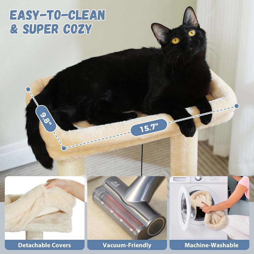 33" Cat Tree Tower with Large Top Perch & Hammock - Beige Cat Scratching Post