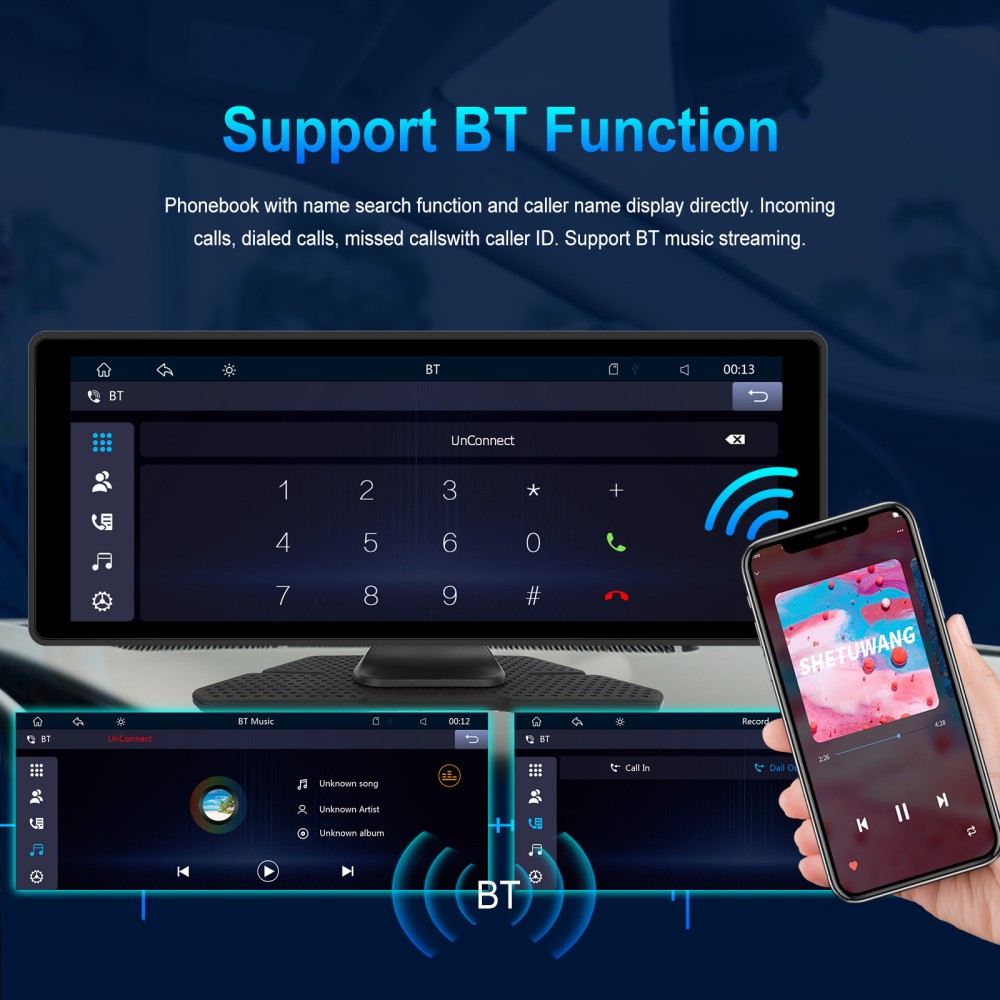 10.26" Touch Screen Wireless Apple Carplay Portable Car Stereo Android Auto Cam