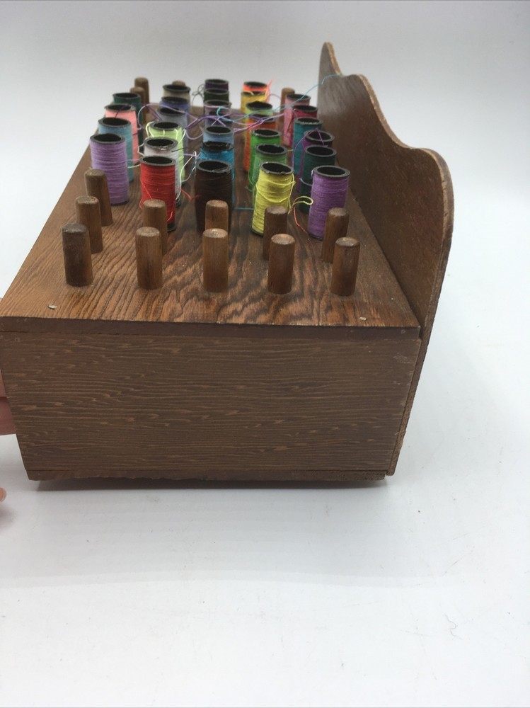 vtg wood thread bobbin organizer sewing kit storage