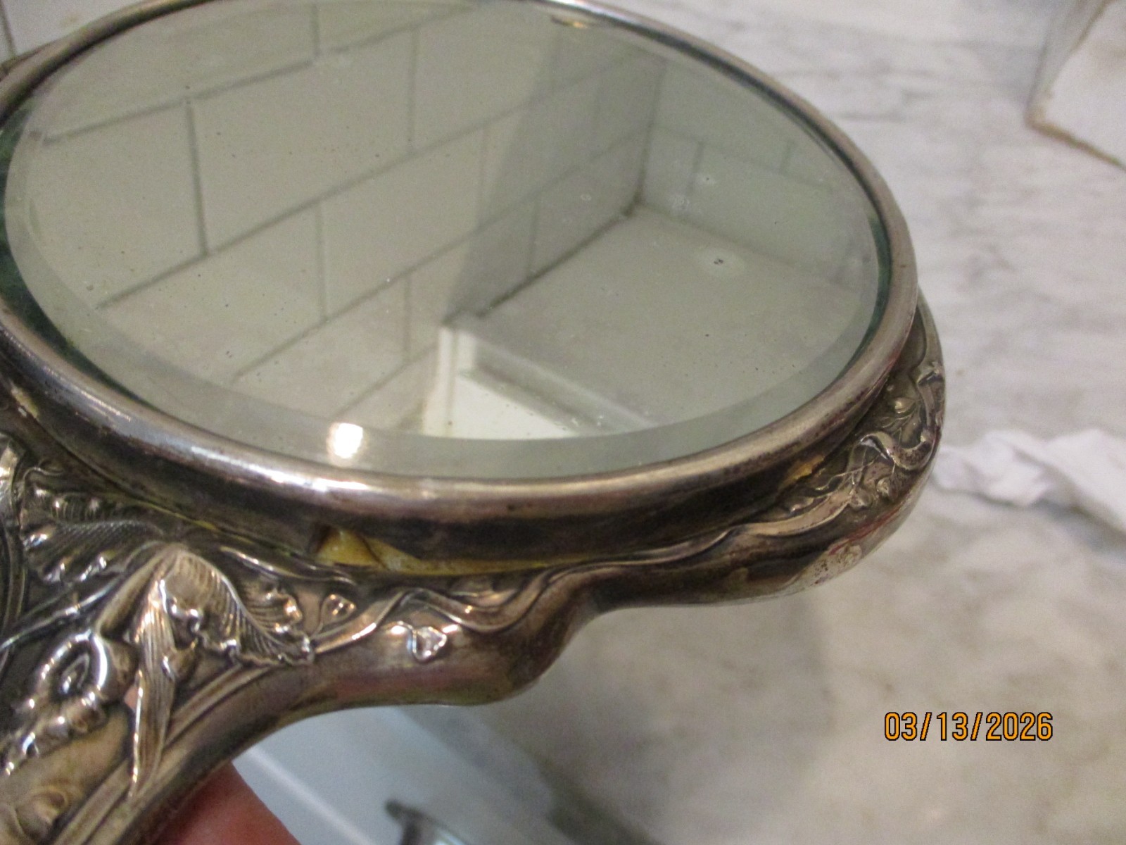 Antique Art Nouveau Sterling Silver Hand Mirror Embossed Flowers & Butterfly