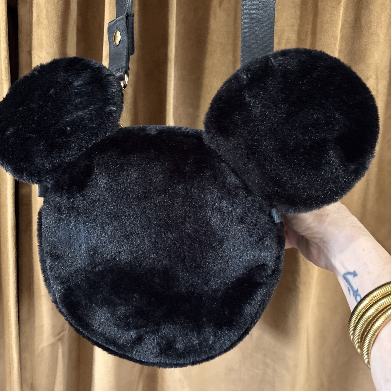 2025 Disney Parks Mickey Mouse Head Happily Ever After Plush Crossbody Black Bag
