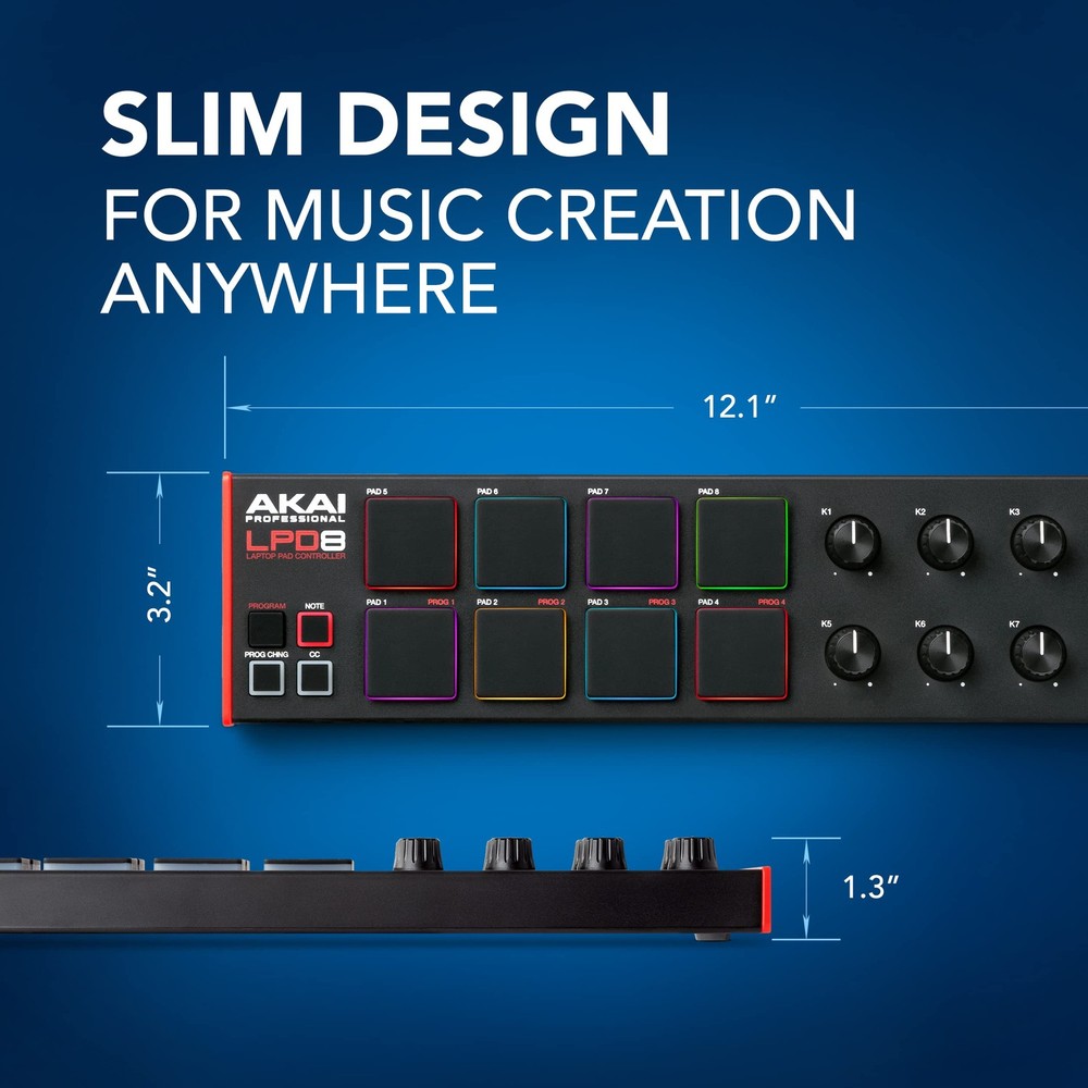 Akai Professional LPD8 MIDI Controller 8 RGB Drum Pads 8 Knobs Mac PC Music Soft