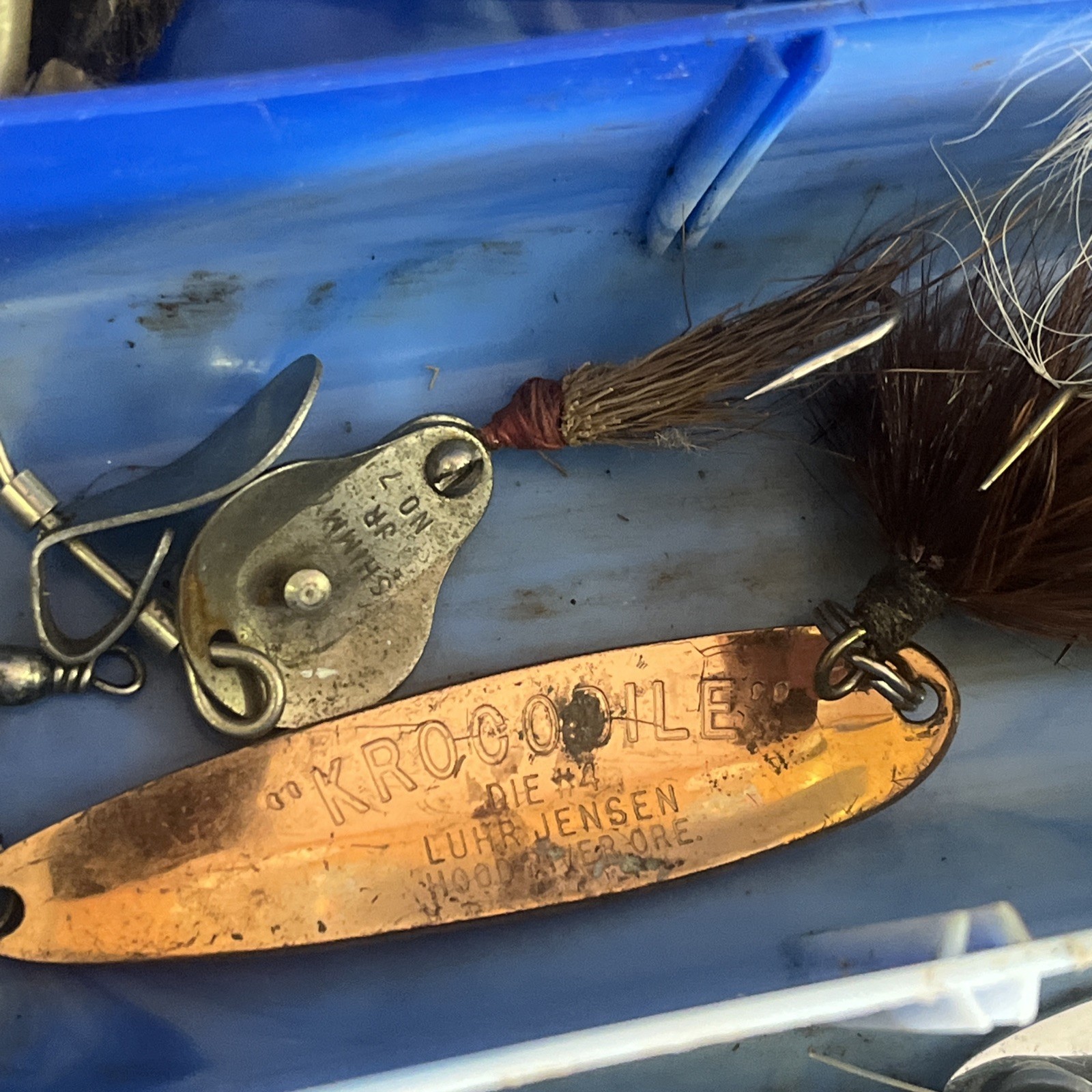 Mixed Fishing Lure Lot w/ Ozark Trail Tackle Box – Luhr Jensen Krocodile, Spoons