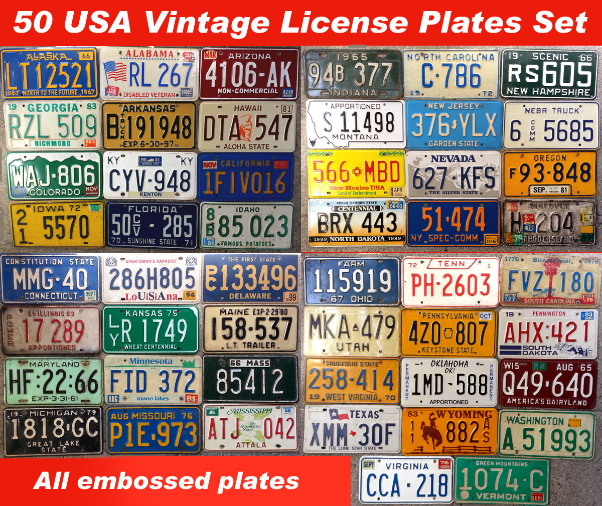 SET OF 50 UNITED STATES VINTAGE LICENSE PLATE NUMBER TAG LOT USA RARE 1960s-90s
