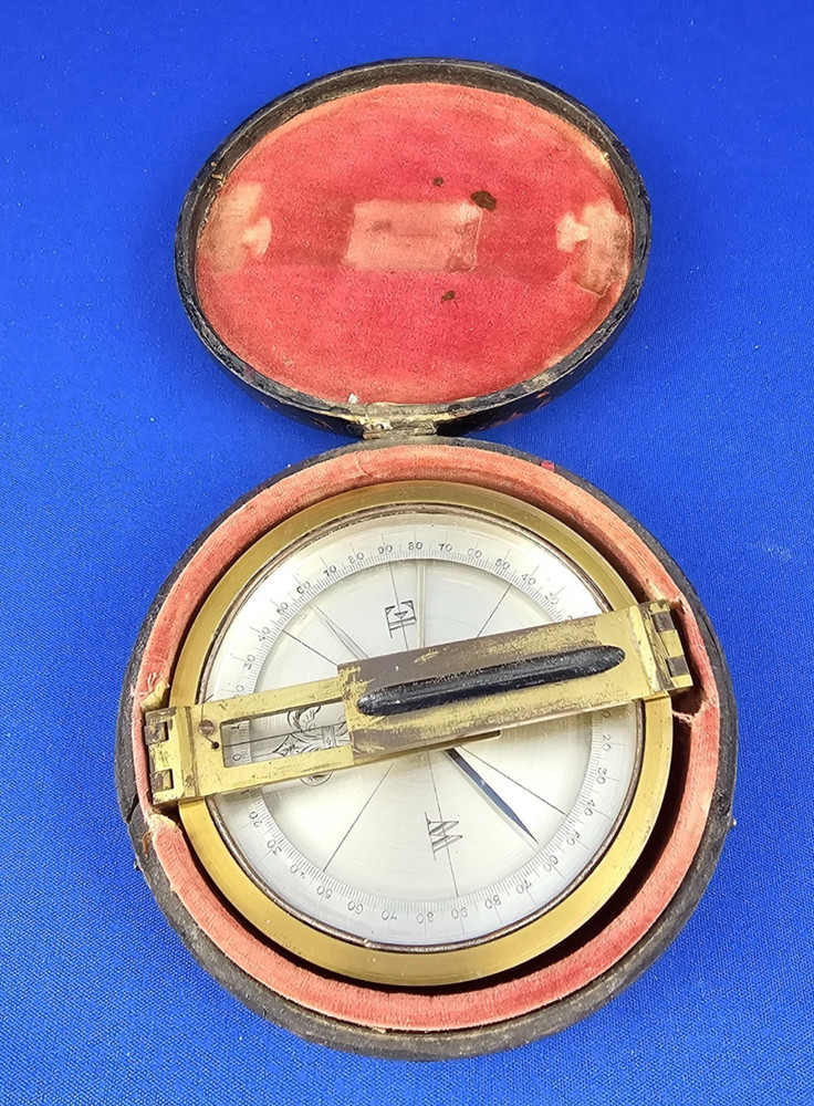 Antique Brass Surveyor's POCKET COMPASS Functioning Needle Lock Original Case