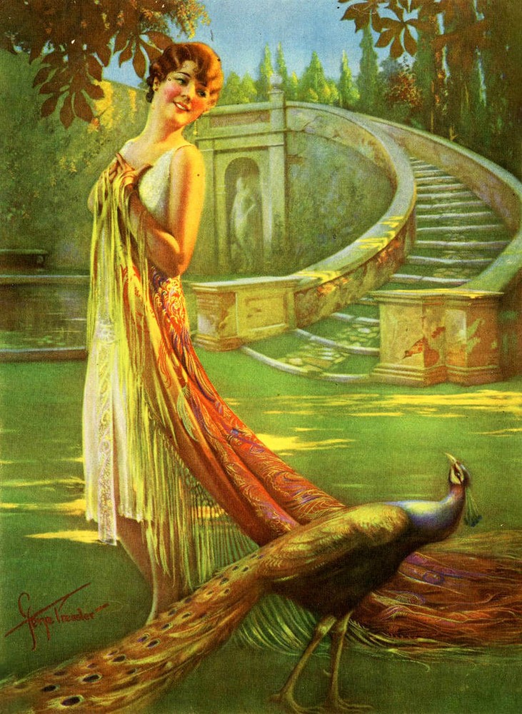 Lady in garden with peacock by Gene Pressler