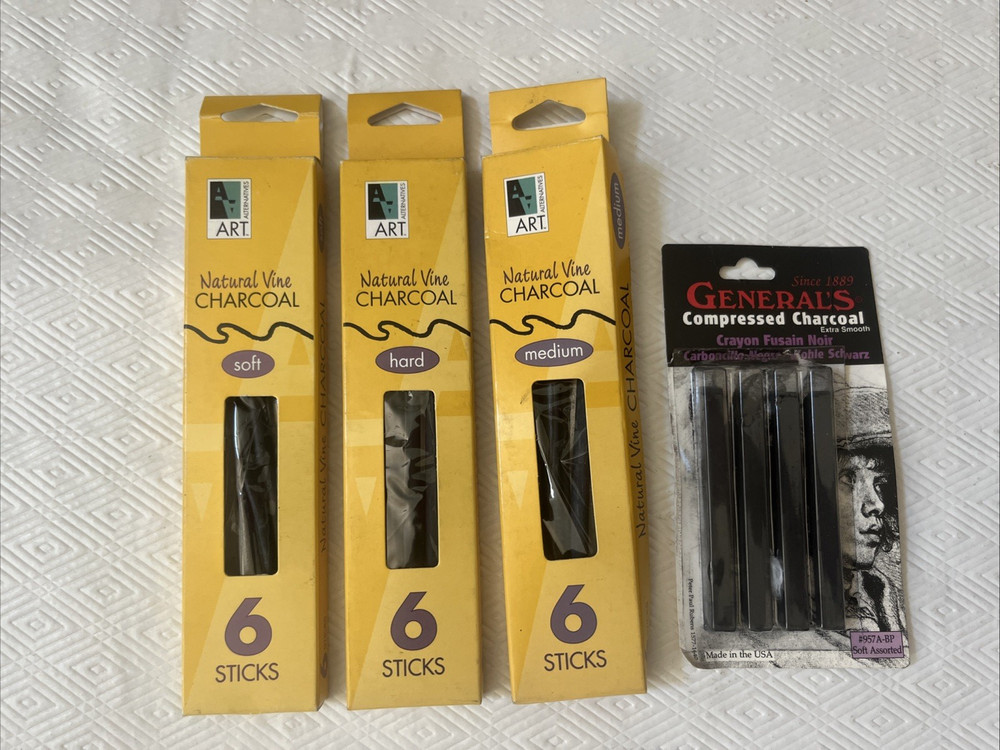 General 4 Soft Compressed Charcoal Set + Vine Charcoal Soft, Medium & Hard