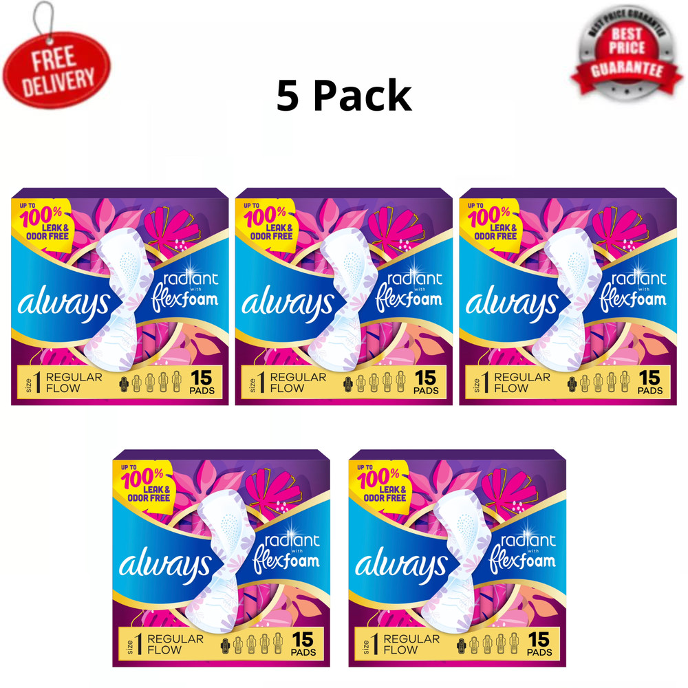 (5 Pack) Always Radiant FlexFoam Pads, Regular Size 1, with Wings, 15 Count