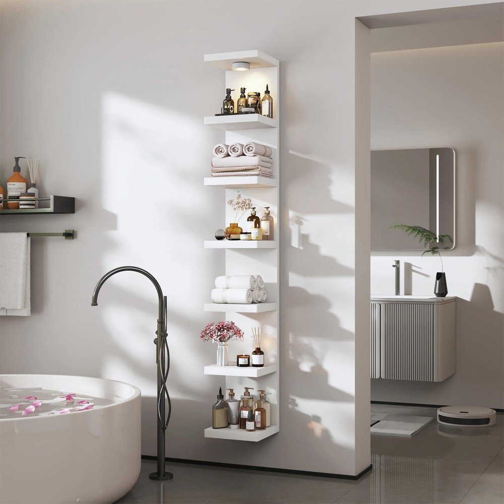White 7-Tier Vertical Wall Shelf Unit with USB Rechargeable Led Light (Remote...