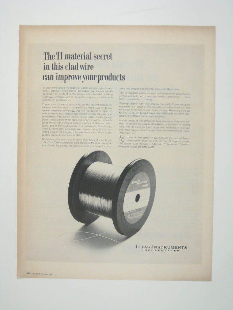 Vintage Texas Instruments Clad Wire Print Ad 1966