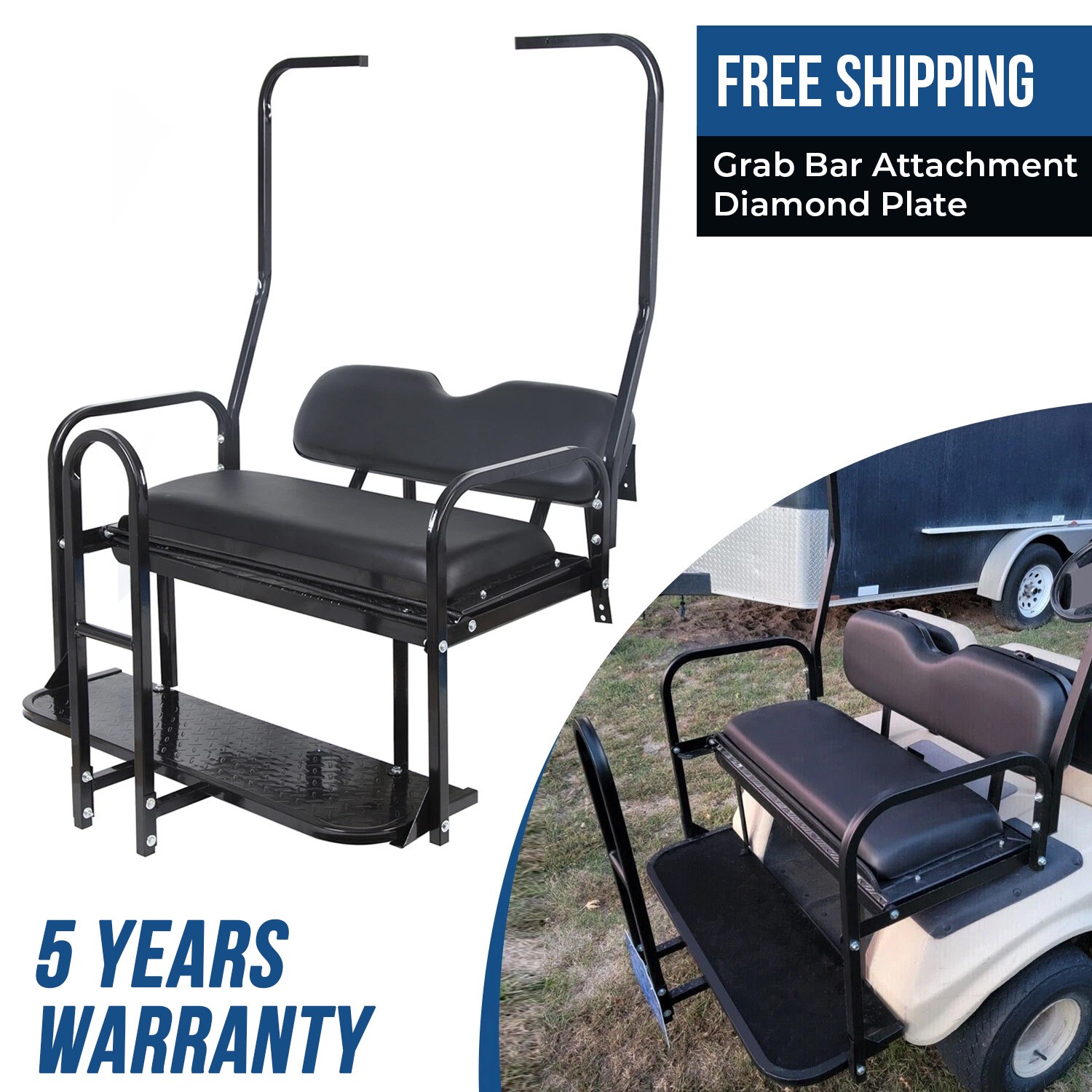 Rear Flip Seat Kit for Club Car Golf Cart DS Model 1982-2000/Black w/t Grab Bar