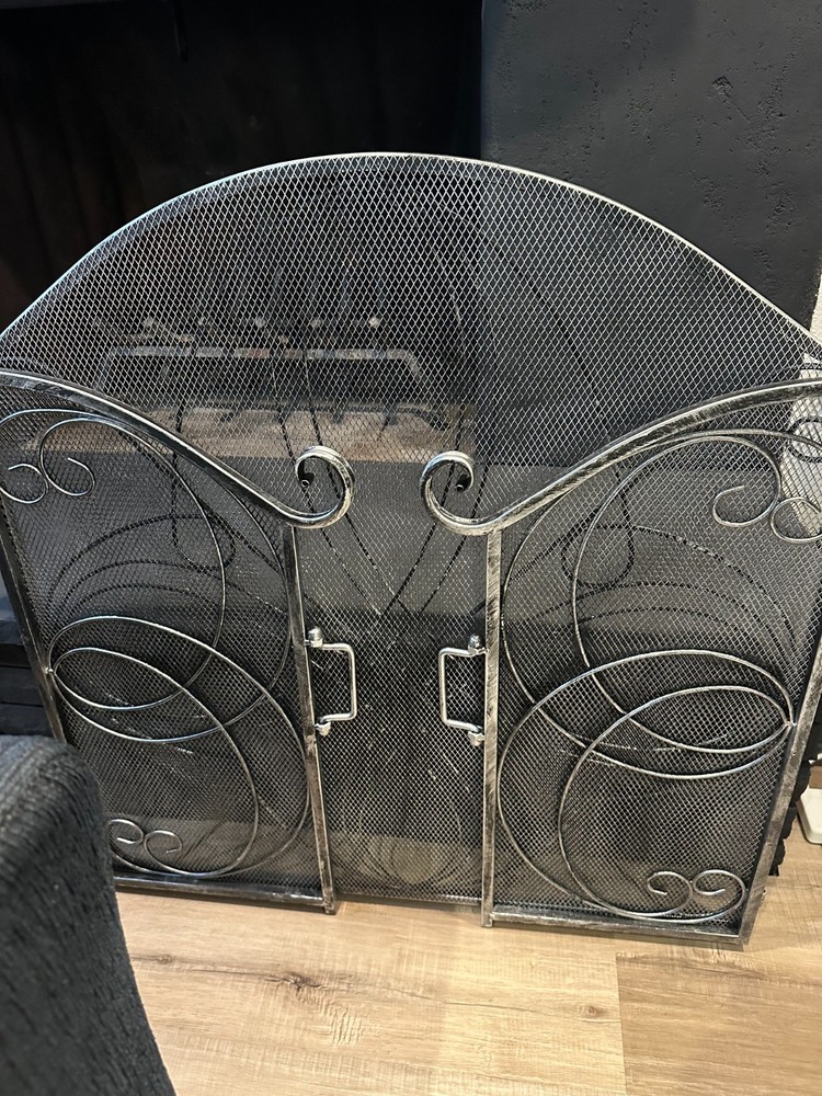 3-Panel 55x33 Solid Wrought Iron See-Through Metal Fireplace Screen (Pewter)