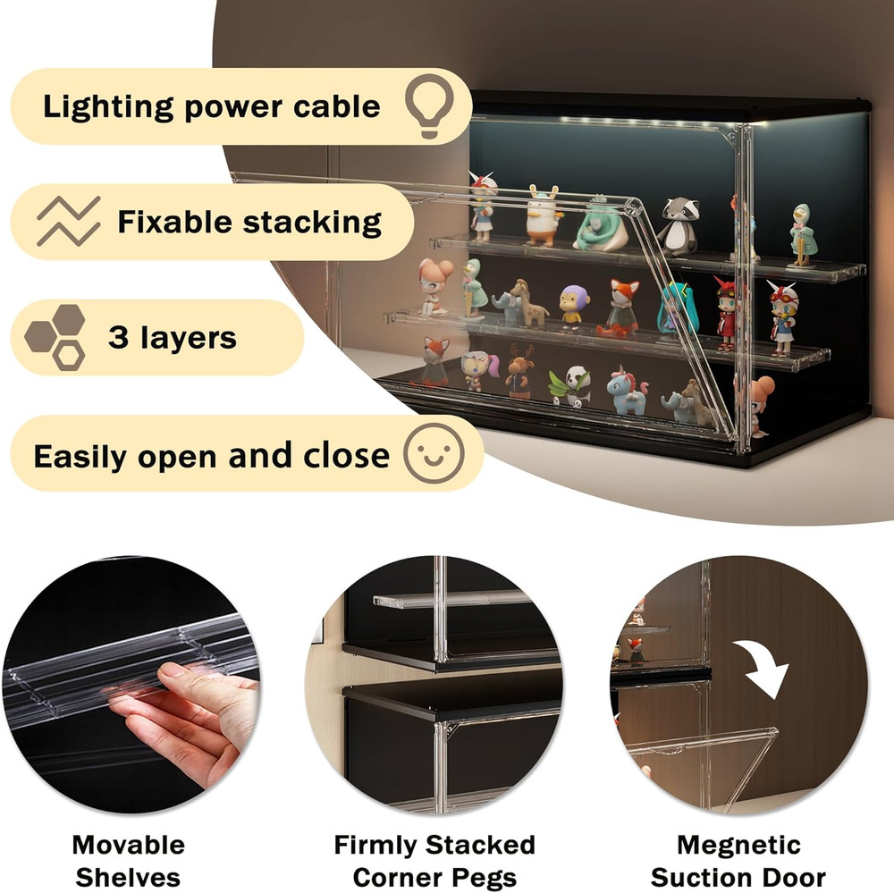 Clear Display Case for Collectibles, 3-Tier Stackable LED Figure Display Case wi