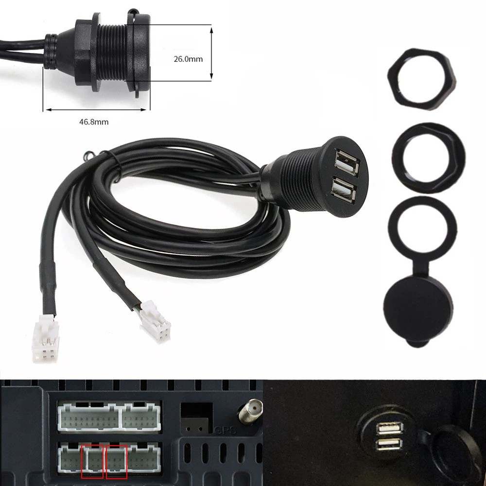 Car Dash Flush Mount Dual USB Port Panel Interface Extension 100cm Cable Adapter