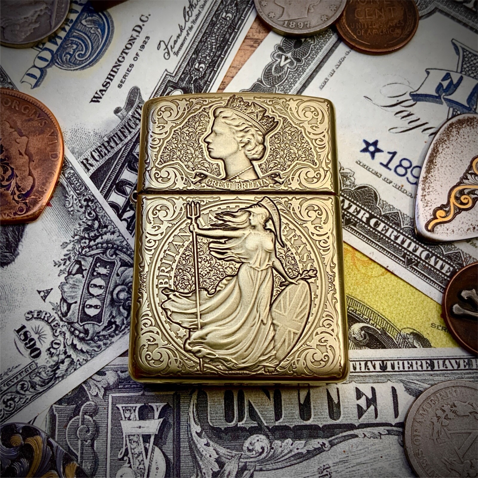 Zippo “Britannia” Bullion Coin Themed Engraved Brass Armor Cigarette Lighter