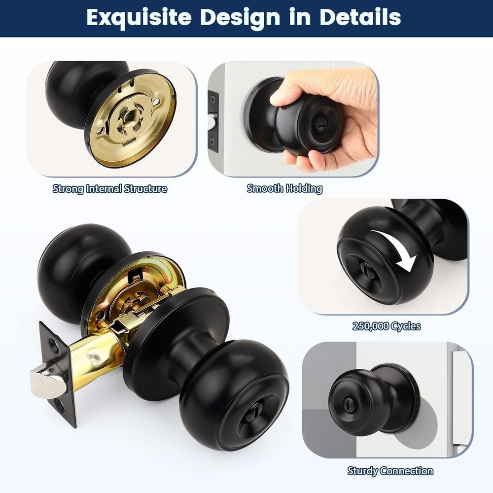 Orger 10 Pack Matte Black Privacy Door Knobs Interior, Classic Round Shape Be...