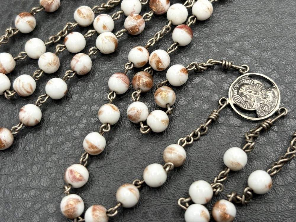 VTG AF Co Sterling Silver White Glitter Glass Catholic Rosary Beads Crucifix