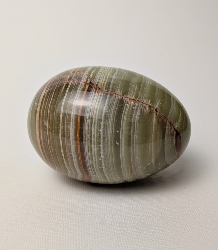 Vintage Polished Stone Egg – Olive Green w/ Natural Stripe Pattern – 2.75" Wide