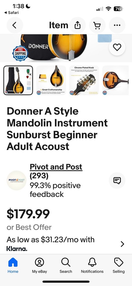 Sunburst Donner Mandolin 8 String Beginner Set with Soft Case & Pick Great Cond