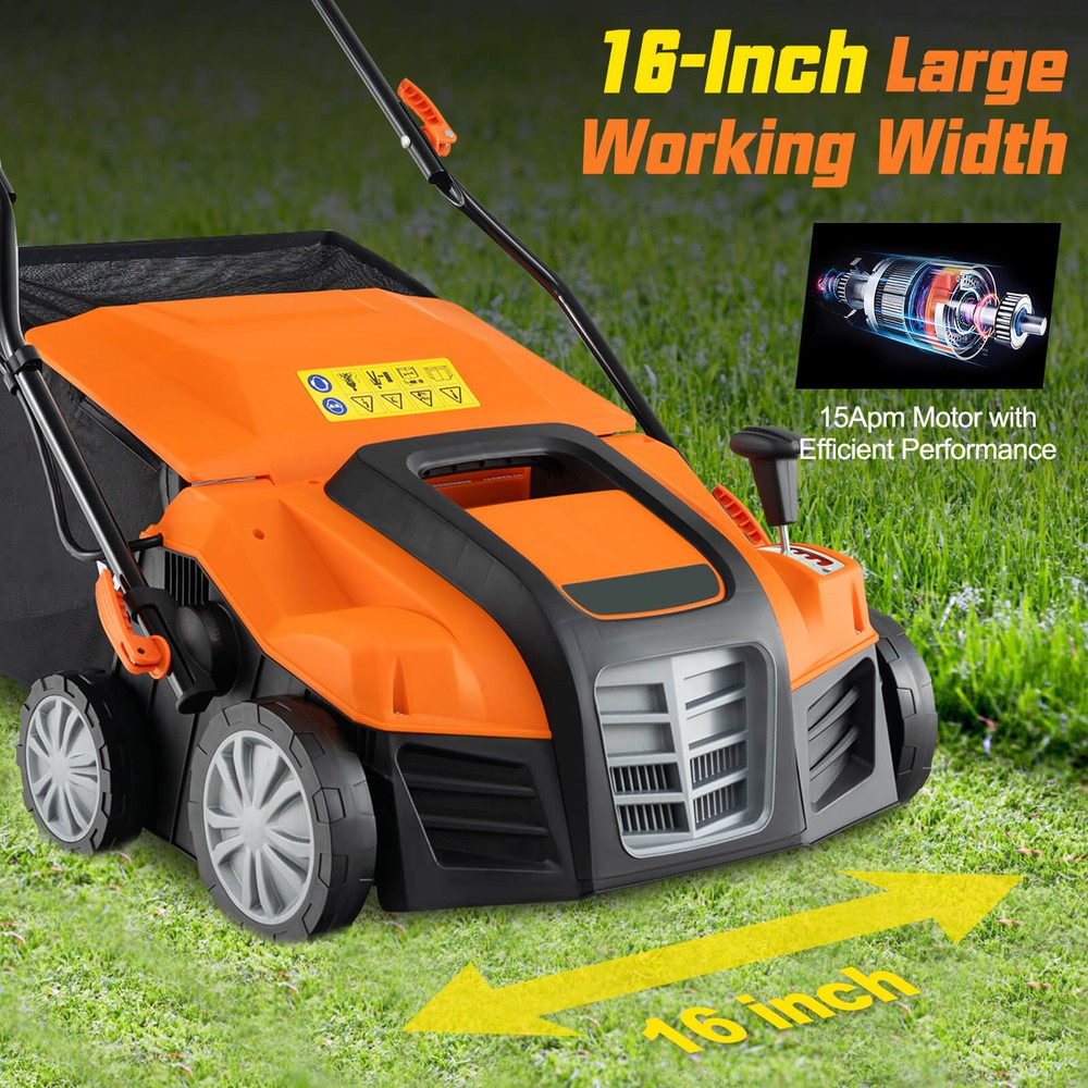16-Inch Folding Electric Dethatcher & Scarifier w/ 3-Position Height Adjustment