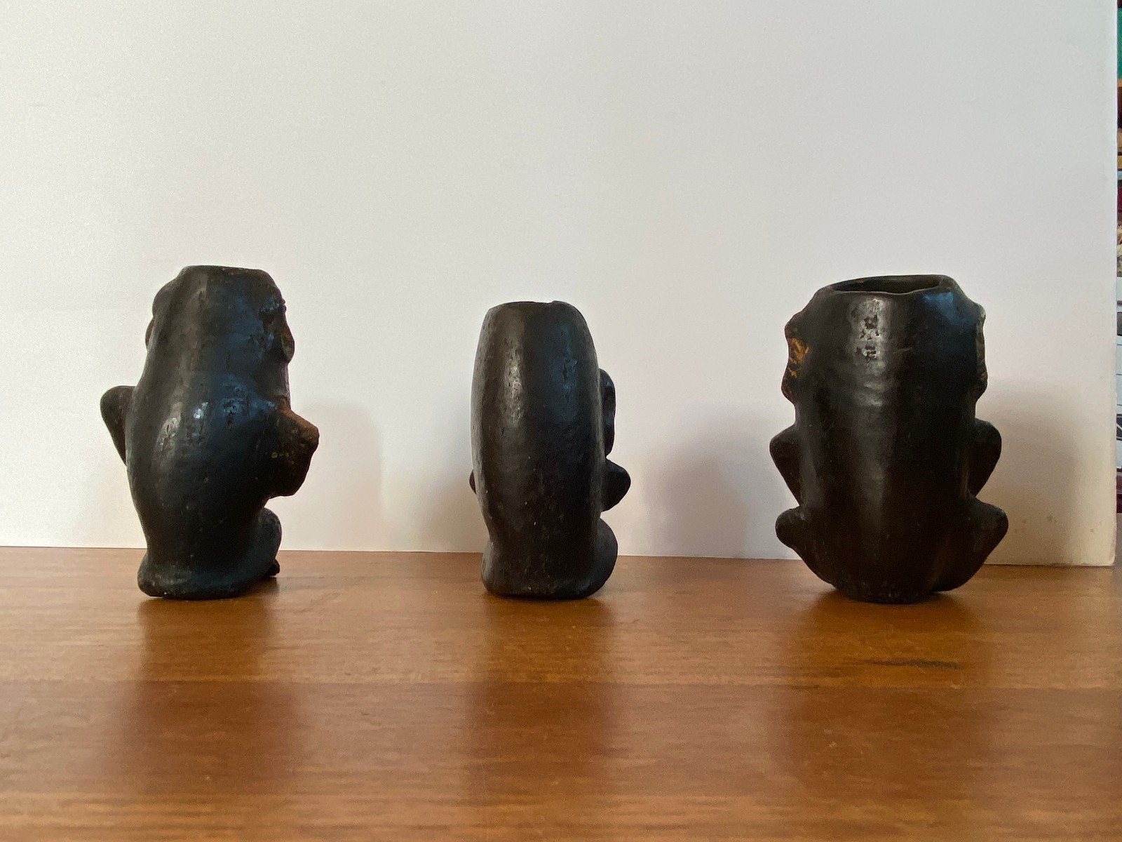 3 Pre Columbian Style Black Ware Clay Figures Musical Seated Vintage / Antique