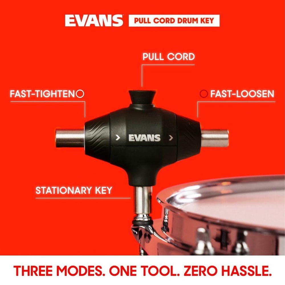 Evans Pull Cord 3-Head Drum Key for Fast Tuning - Mechanical, Durable