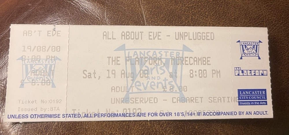 ALL ABOUT EVE RARE UNUSED CONCERT TICKET MORECAMBE, ENGLAND 08/19/2000