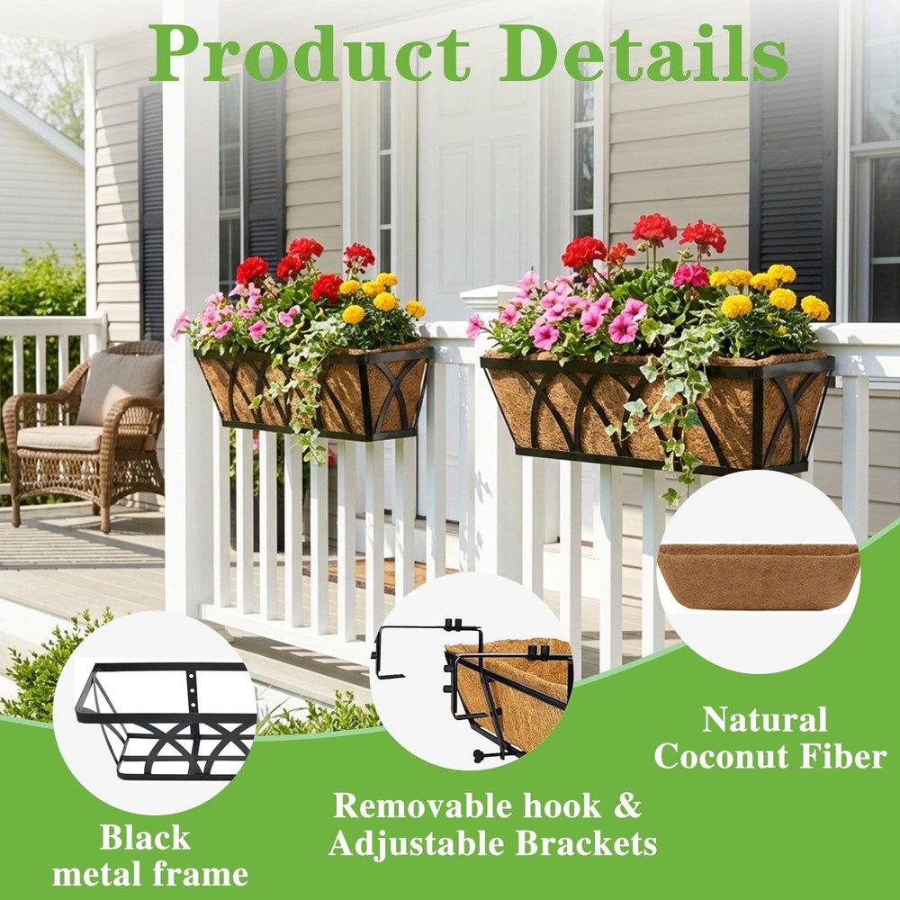 Window Deck Railing Planters Boxes with Coconut Liner, The Bottom Flat Window...