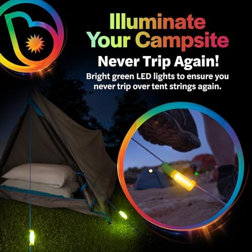 LED Tent String Lights - Keep Tent Guy-Lines Visible at Night - 2-Pack