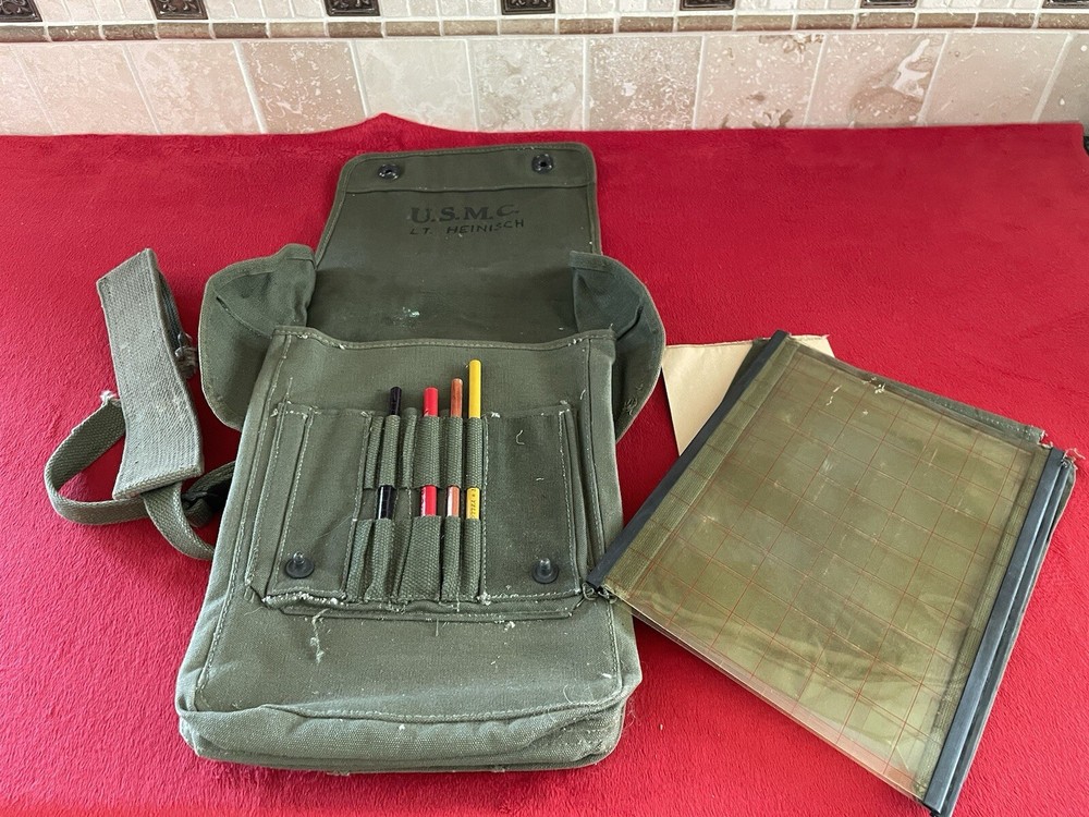 ID'd USMC Map Dispatch Case Bag w/ Pencils 1944 WWII Original MARINE CORPS M1938