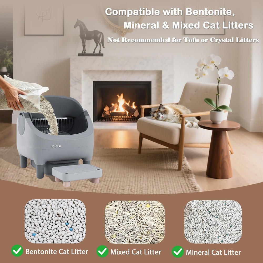 Self Cleaning Cat Litter Box Smart App Control Automatic Large Multi-Cat Gray