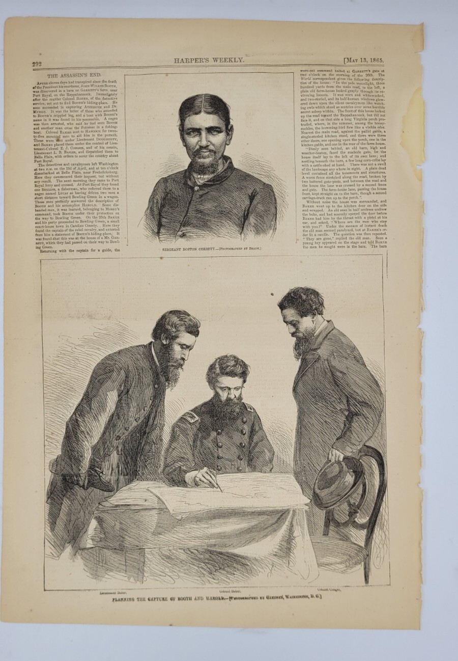 Planning the Capture of Booth / Boston Corbett  1865  vintage print