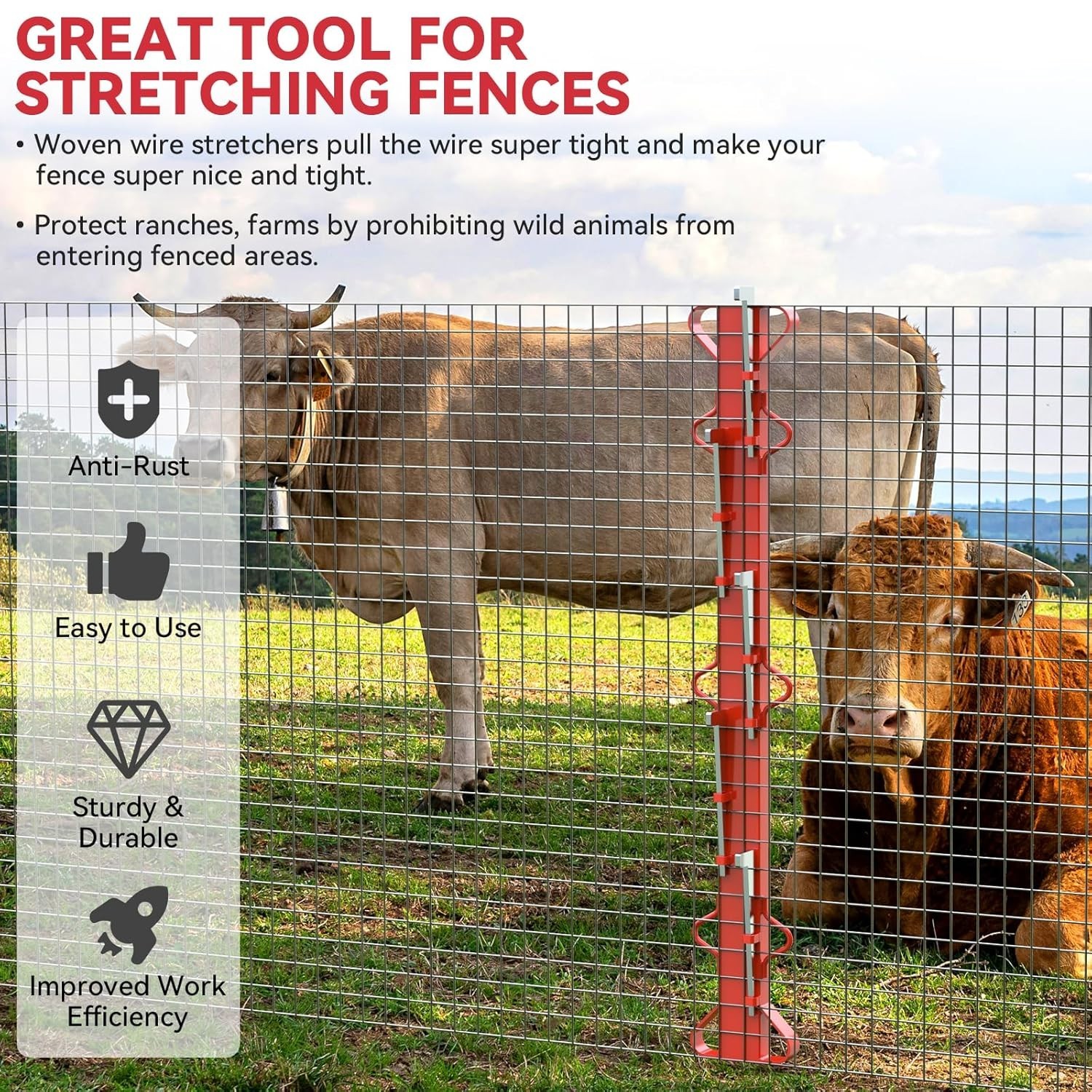 4Ft Woven Wire Fence Stretcher Bar with 5 Wedges, Red Fence Stretcher Tool Steel