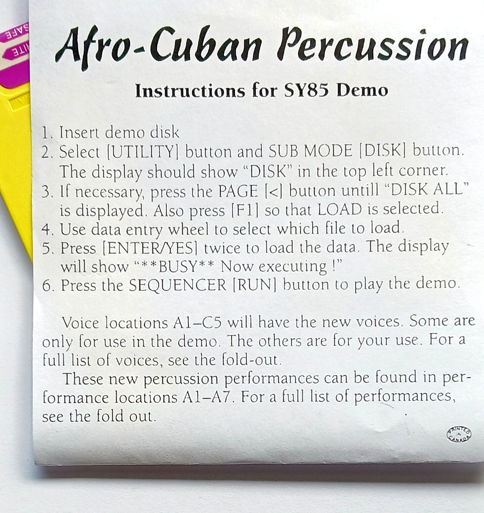 Afro-Cuban Sequence, Performance & Voice Sounds for Yamaha SY85 on Disk + Notes