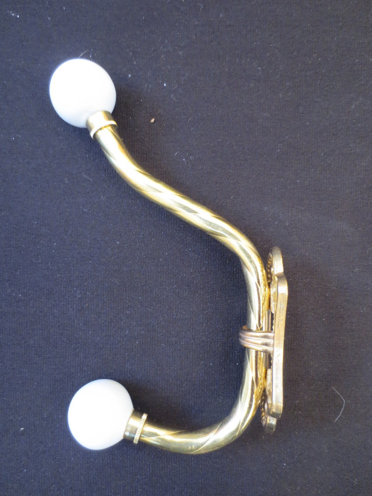New Vintage Solid Brass 2 Hook Coat Hanger Porcelain Knobs and Screws