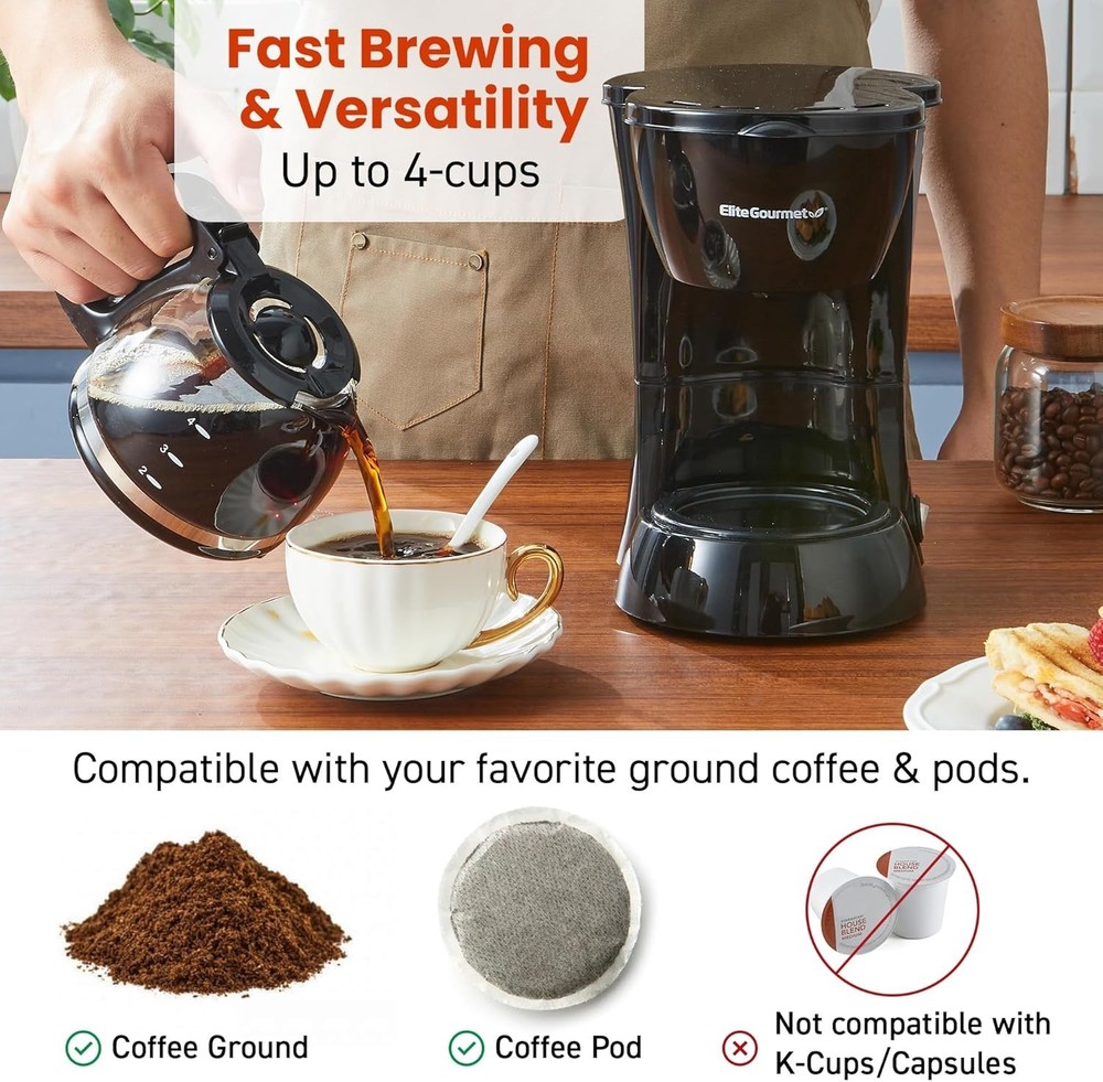 Coffee Maker Drip Automatic 4 Cup Small Space Reusable Filter Black