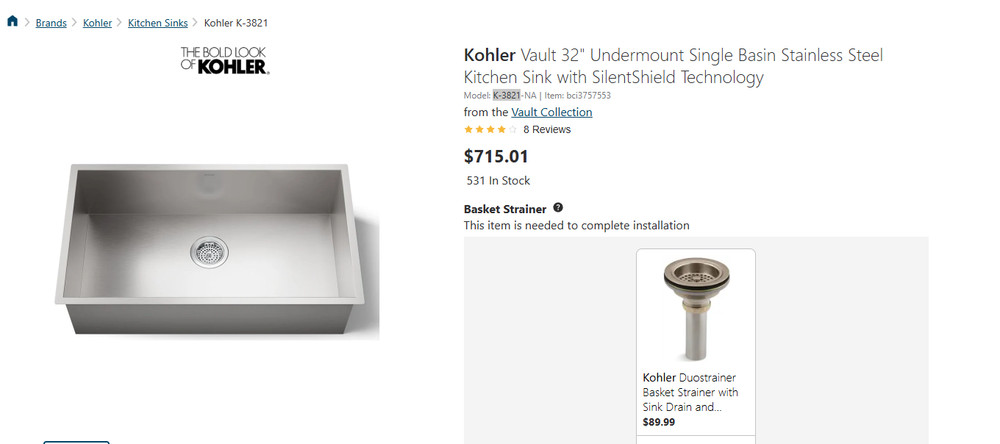 K-3821 VAULT  LARGE SINGLE BASIN SINK