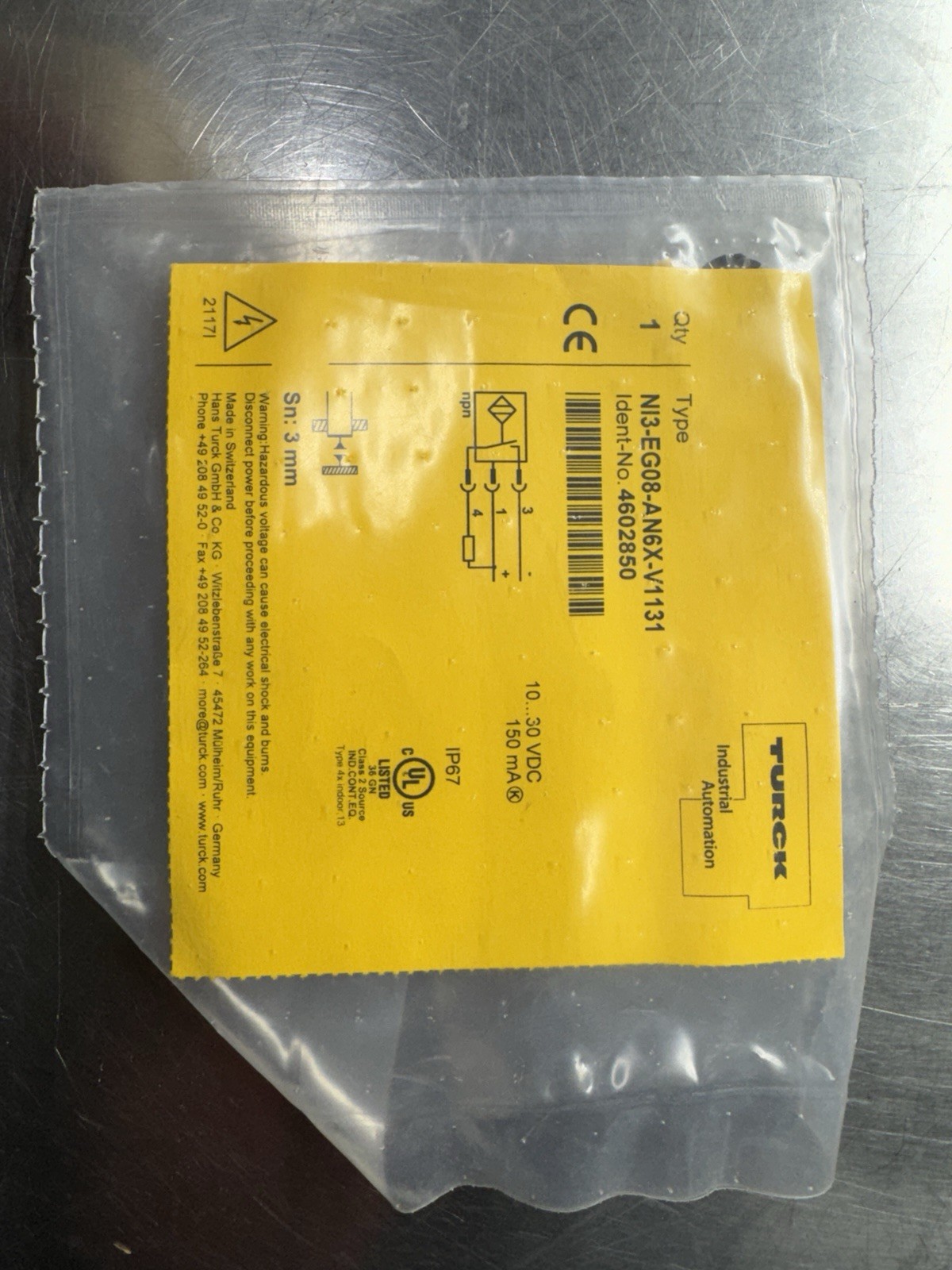 Proximity Switch TURCK NI3-EG08-AN6X-V1131 AND PKG 3Z-5 OR PKG 3Z-6 CABLE NEW