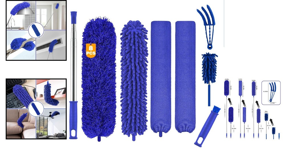 8PCS Microfiber Duster Set with 100 Inch Telescoping Pole for Dust-Free Homes