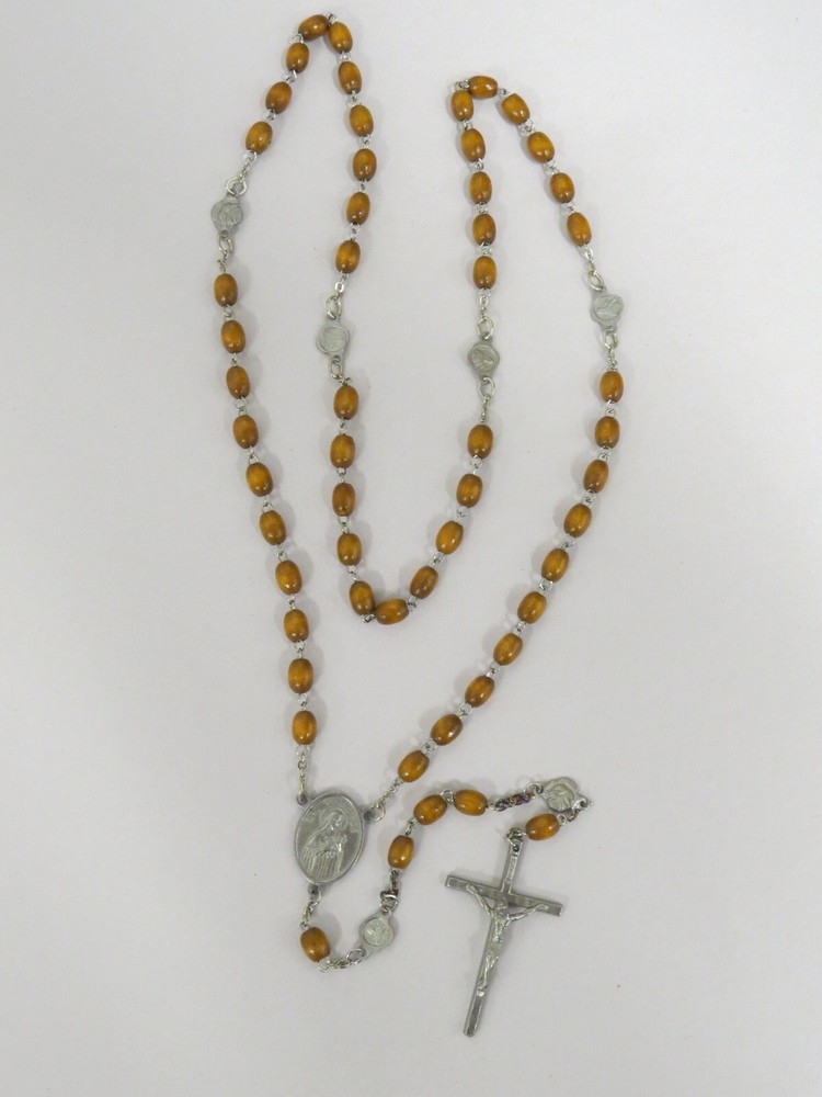 VTG Catholic St. Therese Ex Indumentis Wood Bead Five Decade Rosary