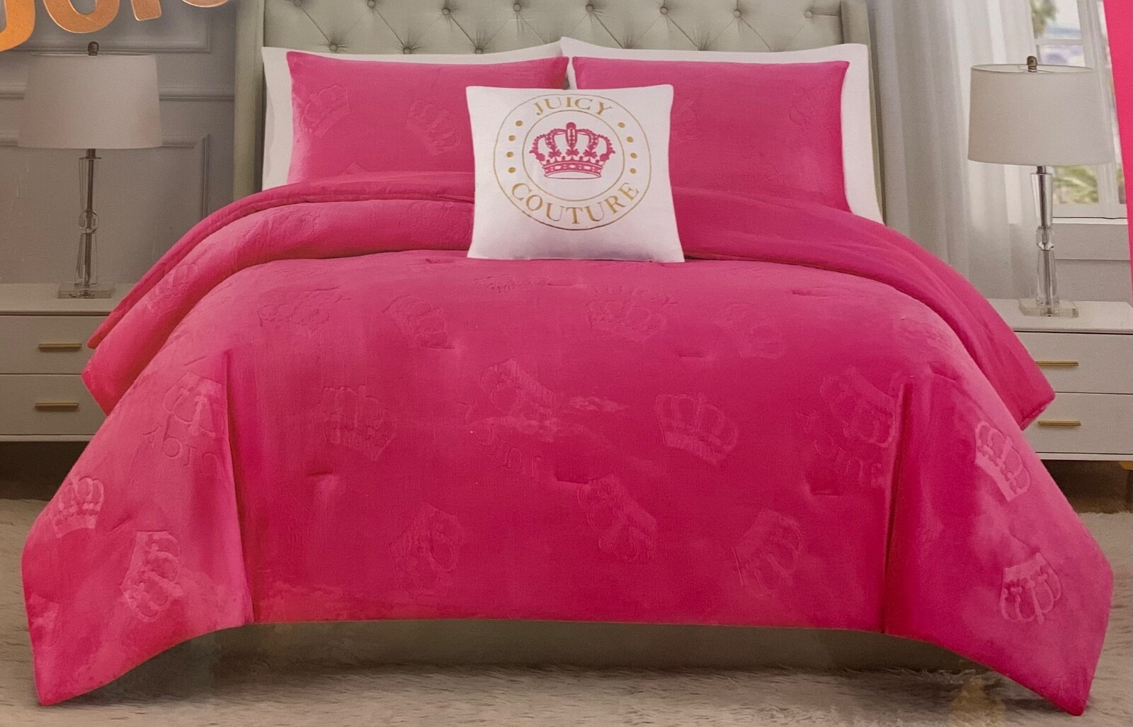 Juicy Couture Hot Pink Logos& Crowns Embossed Plush Soft 4pc QUEEN Comforter Set