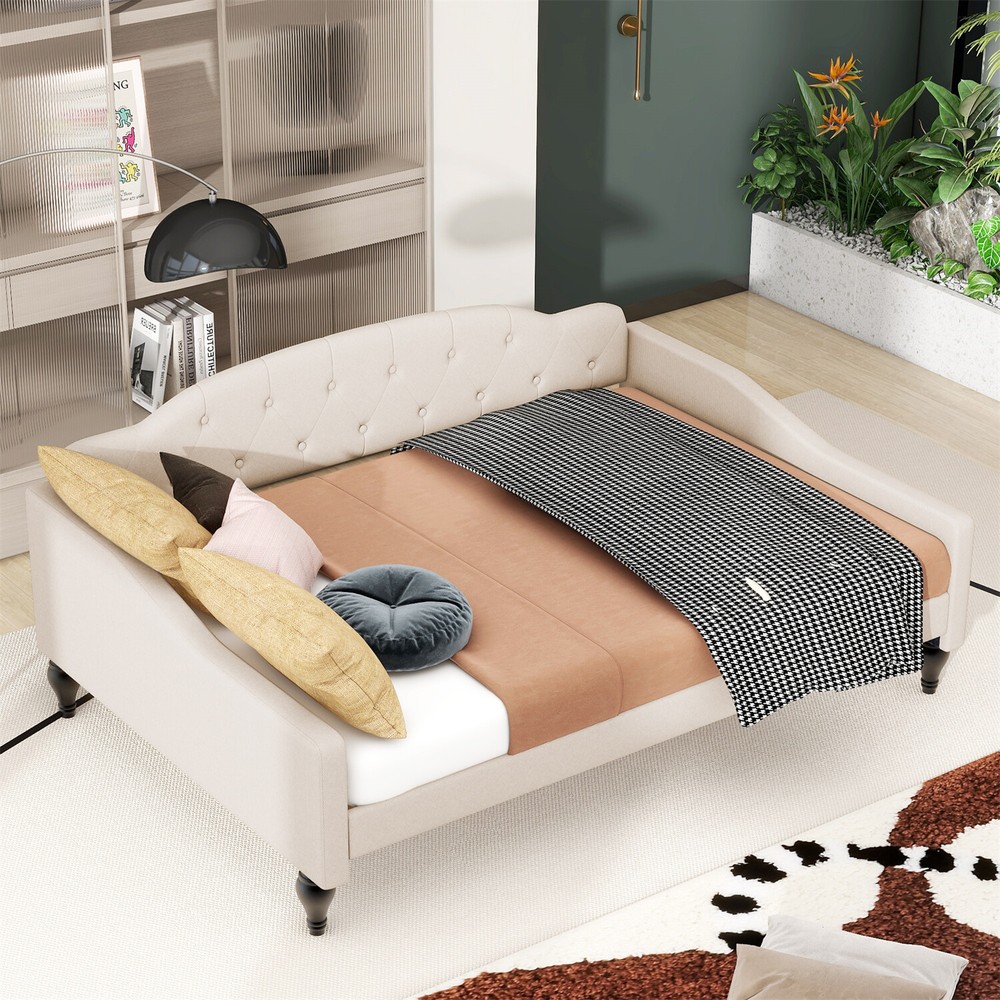 Full Size Daybed Linen Upholstered Bed Frame Sofa Bed for Bedroom Beige